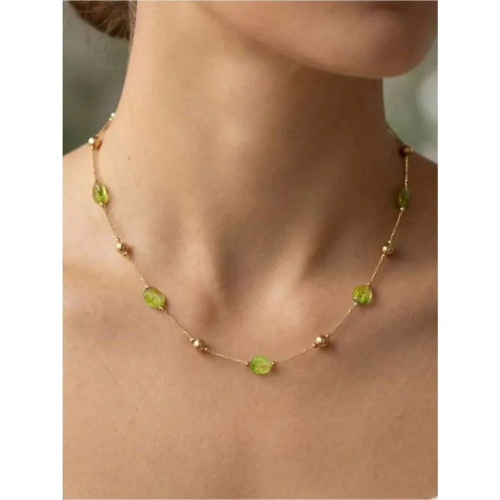Gold Necklace with Lime Green Beads A1670